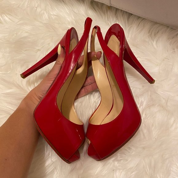 Christian Louboutin Red Patent Leather No Prive Sling Peep 120mm Pumps SZ 37.5 - Picture 6 of 10